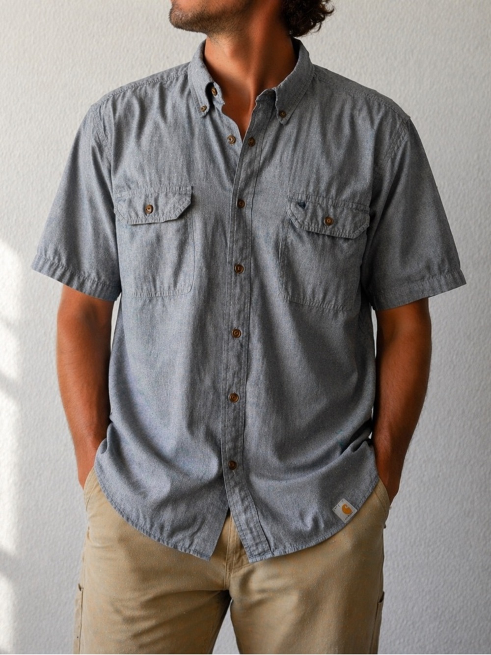 Carhartt Chambray Work Shirt Men L XL Blue GrayCotton Button Front Utility
